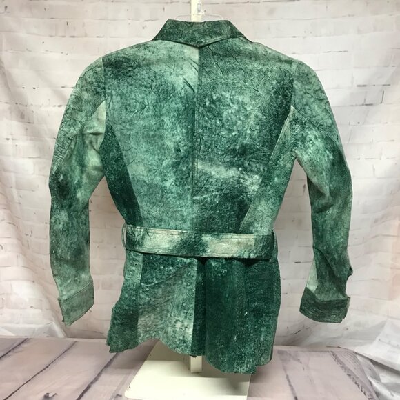 Vintage Small Marbled Green Textured Jacket Belt Gold Snap Buttons Suede Like - Picture 4 of 9